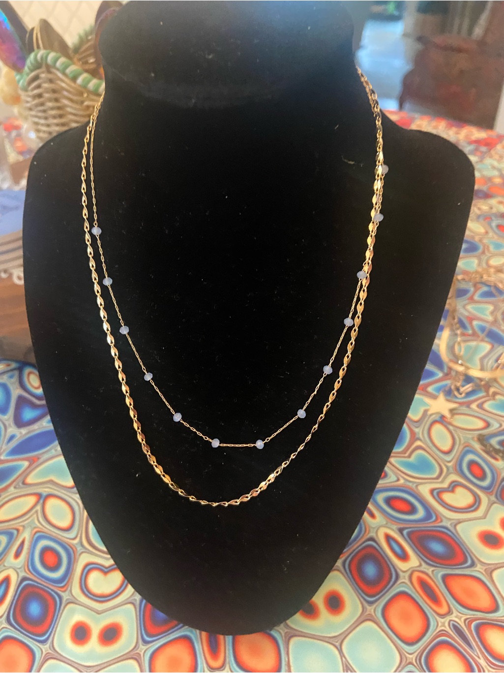 Gold Double-Layer Necklace With Light Blue Beads